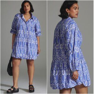Anthropologie Maeve Bubble-Hem Shirt Dress in Blue & White 2X
